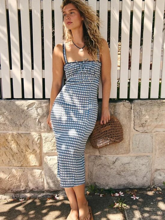 Free People Dresses & Skirts - Free People Lucinda Plaid Midi Dress Square Neck Fitted Ruffle L